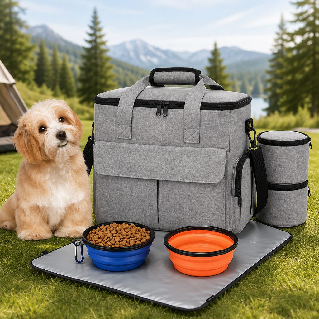 Ortekor Pet Travel Bag for Dogs & Cats – Weekend Road Trip Organizer with Collapsible Bowls, Food Storage, Pockets & Luggage Sleeve