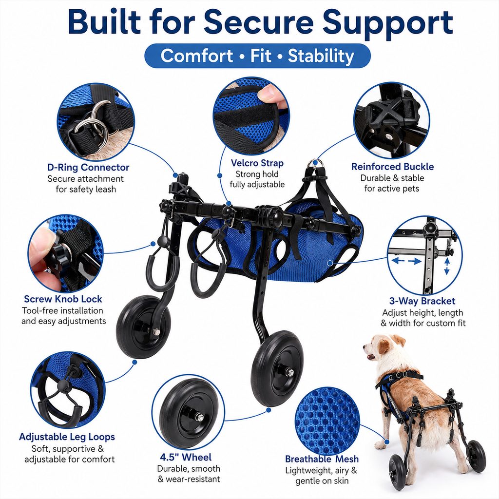 Ortekor Adjustable Rear Leg Dog Wheelchair for Daily Walks - Mobility Support Cart for Small Dogs with Weak Back Legs