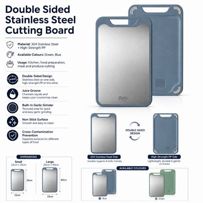 Reversible Steel & Plastic Prep Board with Juice Groove and Garlic Press for Kitchen Meat Vegetables Fruit Countertop Cooking