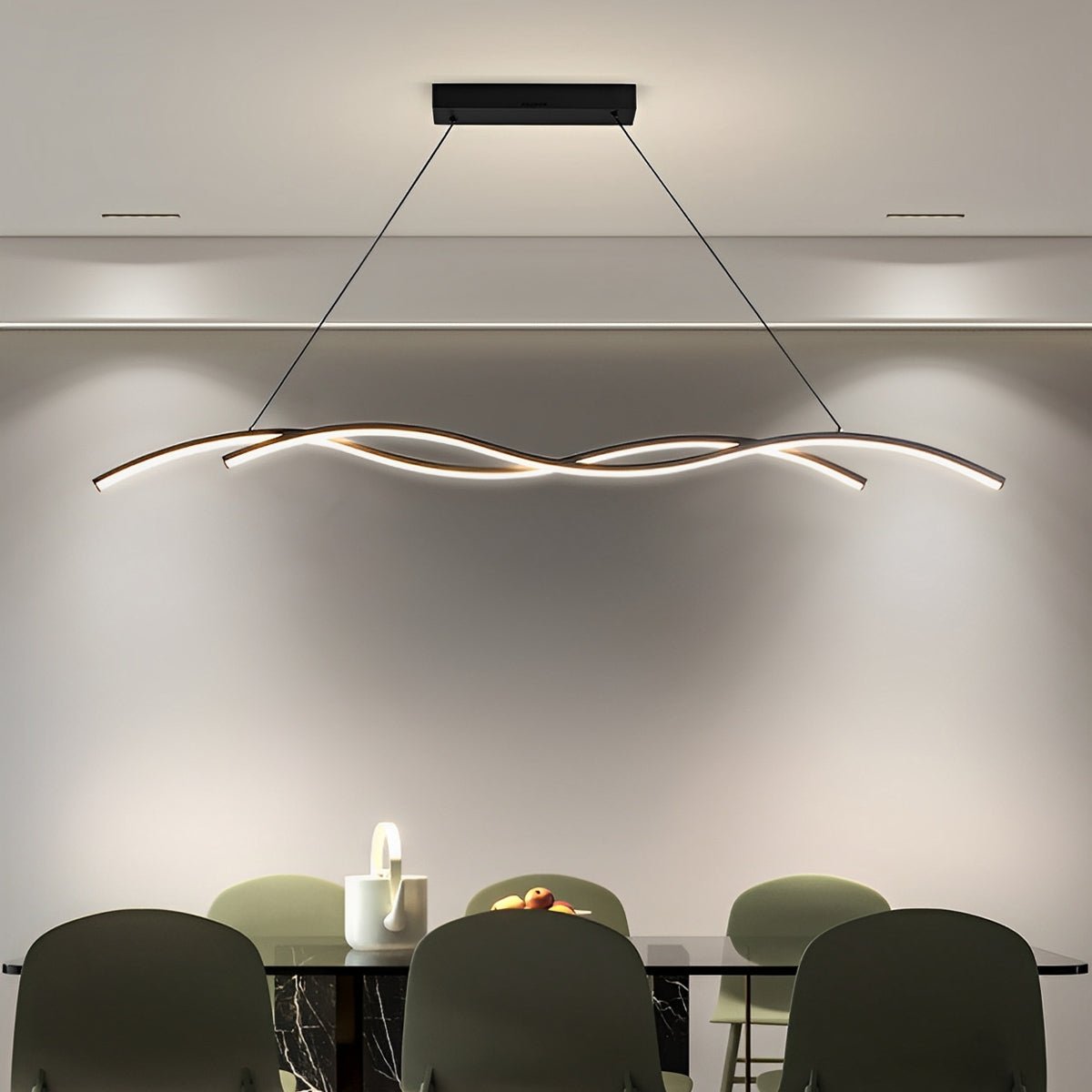 Curved LED Overhead Fixture 59 in Black Aluminum Wave Design Adjustable Height Remote Dimming Kitchen Island Dining Table Suspension Lamp Co