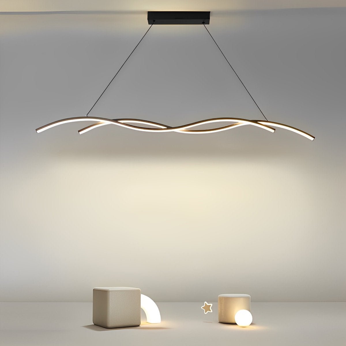 Curved LED Overhead Fixture 59 in Black Aluminum Wave Design Adjustable Height Remote Dimming Kitchen Island Dining Table Suspension Lamp Co