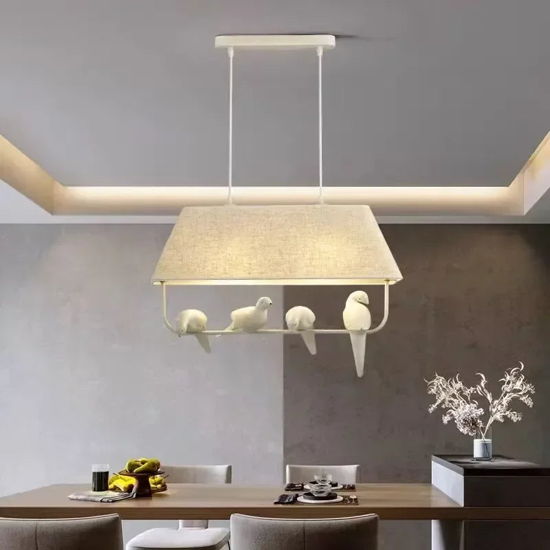 Fabric Drum Shade Hanging Light Fixture with Bird Ornament E27 Socket Beige Ceiling Lamp for Dining Kitchen Living Room Bedroom Ambient Over