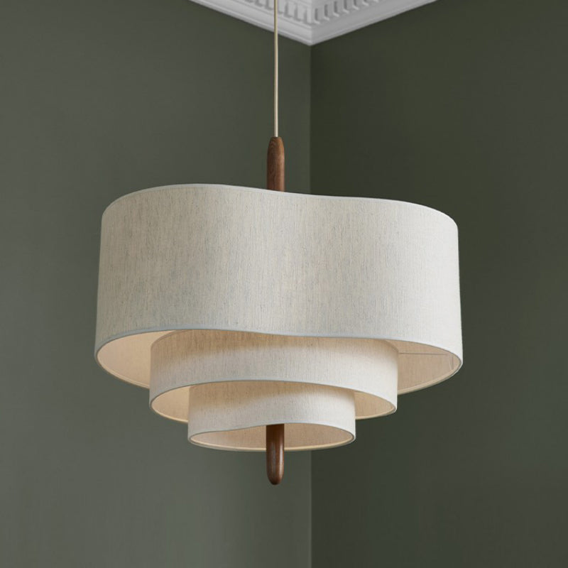 Layered Fabric Ceiling Light 23 in Beige with Wood Accent for Dining Room | Natural Texture Drop Lamp E27 Socket Adjustable Cord Height | Wa