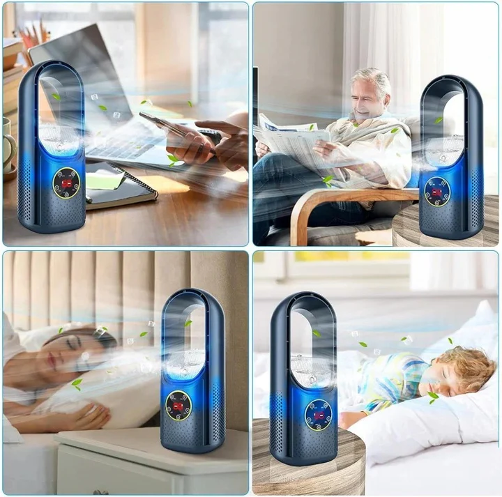 Whisper-Quiet Desktop Cooler Fan Bladeless Tabletop Air Circulator White Blue for Office Bedroom Study Room Summer Cooling Compact Portable