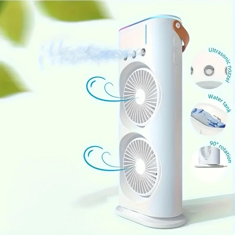 Ventilateur de climatiseur portable | Conception à double tête avec brumisateur | Rechargeable par USB pour un confort personnel