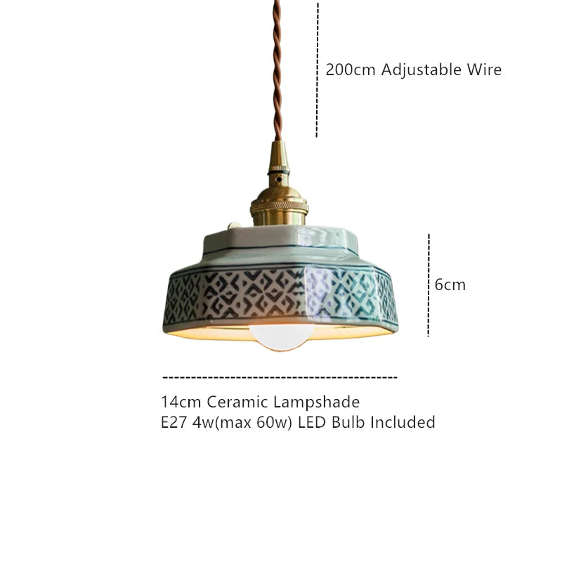 Ceramic Hanging Lamp with Hand-Painted Design & Copper Socket for Kitchen Island, Dining Room, Bedroom & Cafe | Scandinavian Style Fixture