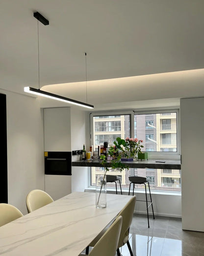 Suspended LED Strip Fixture for Countertop Islands – Dimmable Metal Bar Light with Remote in Matte or Gloss White – 39 to 102 in Adjustable