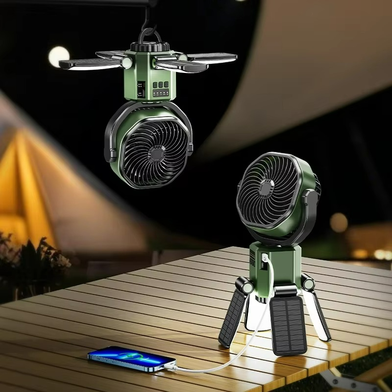 Compagnon d'extérieur | Ventilateur portable avec éclairage LED et hauteur réglable | Modèle à piles pour le camping et la randonnée