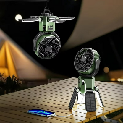 Compagnon d'extérieur | Ventilateur portable avec éclairage LED et hauteur réglable | Modèle à piles pour le camping et la randonnée