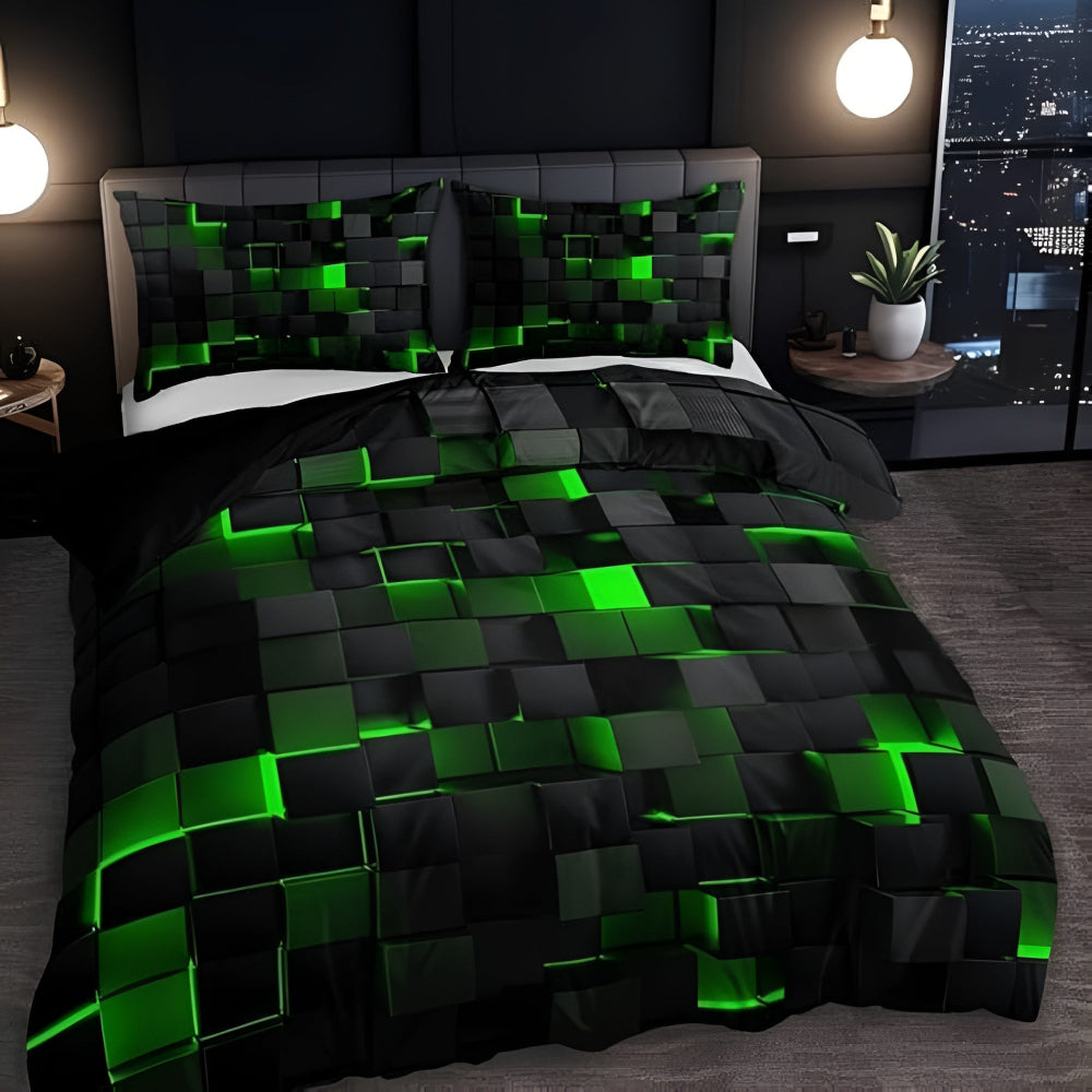 3-Piece Neon Grid Duvet Cover Set – Geometric Microfiber Bedding for Year-Round Comfort – Twin, Full, Queen, King Sizes – Modern Gaming