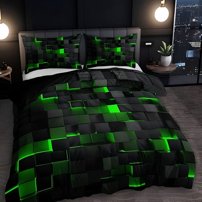 3-Piece Neon Grid Duvet Cover Set – Geometric Microfiber Bedding for Year-Round Comfort – Twin, Full, Queen, King Sizes – Modern Gaming