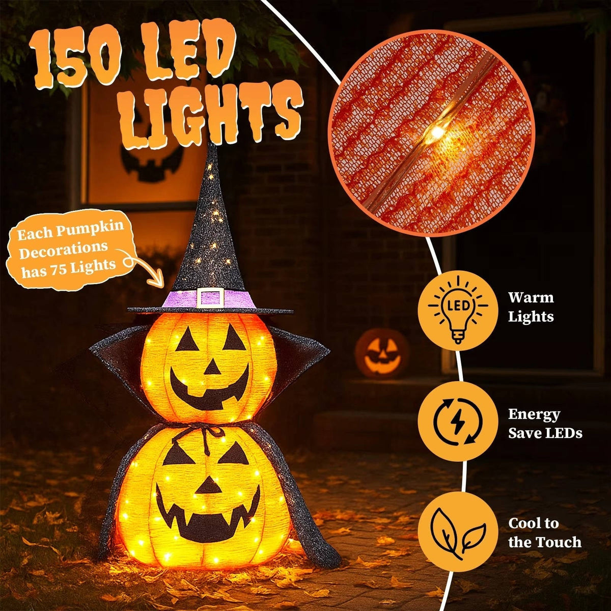 Citrouilles d'Halloween 90 cm, lot de 2, décorations de citrouilles lumineuses avec chapeau et cape, citrouilles géantes pliables pour décoration d'Halloween en extérieur
