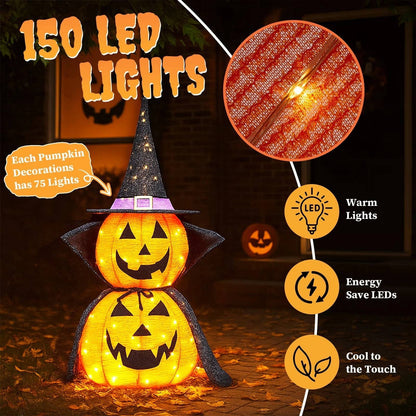Citrouilles d'Halloween 90 cm, lot de 2, décorations de citrouilles lumineuses avec chapeau et cape, citrouilles géantes pliables pour décoration d'Halloween en extérieur