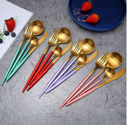 Stainless Steel Flatware Set 24-Piece Service for 6 with Colorful Handles for Everyday Dining Modern Table Utensils