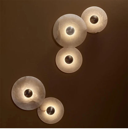 Round Stone Sconce with Built-In LED – Natural Veined Finish for Bedroom, Hallway & Living Room – 6 to 12 Inch Sizes – Minimalist Aluminum M