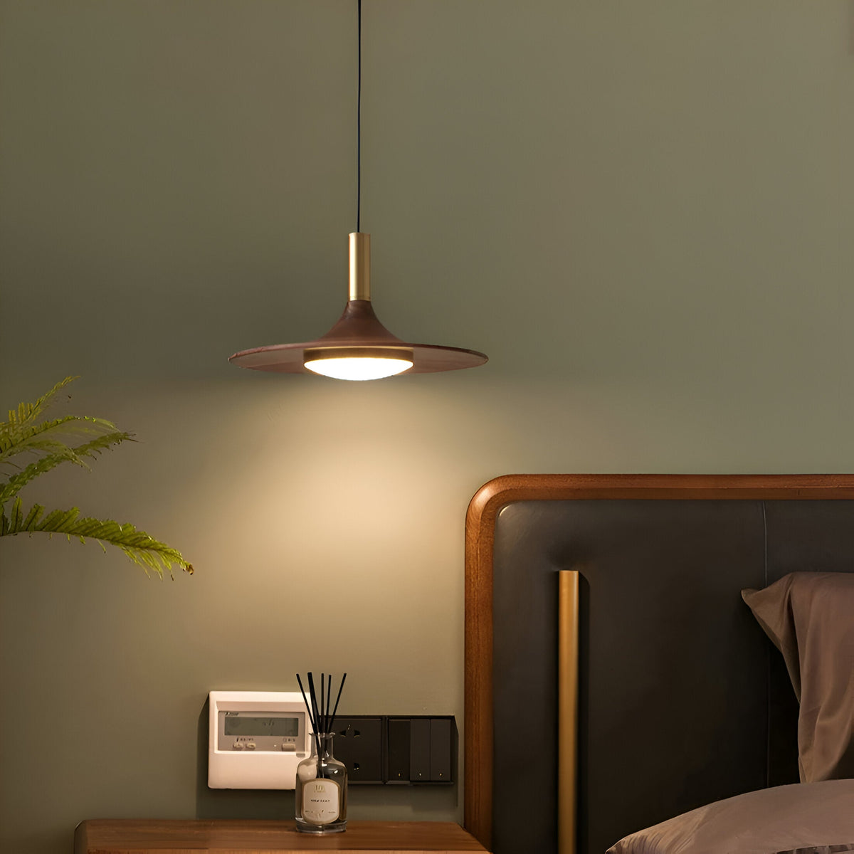 Sculptural Metal Shade Ceiling Fixture with Organic Wood-Tone Accent – 10 in or 14 in Drop Light for Island Counter Bar and Breakfast Nook –