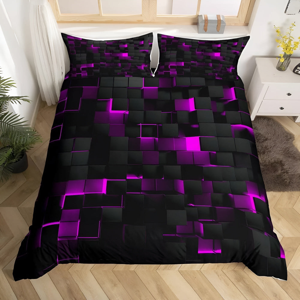 3-Piece Neon Grid Duvet Cover Set – Geometric Microfiber Bedding for Year-Round Comfort – Twin, Full, Queen, King Sizes – Modern Gaming