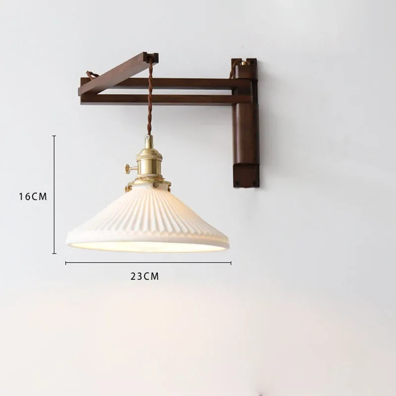 Swing Arm Ceramic Wall Sconce with Wood Bracket and Knob Switch for Bedroom Hallway Reading Nook Vintage Plug-In Lighting
