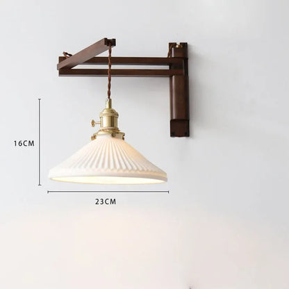 Swing Arm Ceramic Wall Sconce with Wood Bracket and Knob Switch for Bedroom Hallway Reading Nook Vintage Plug-In Lighting
