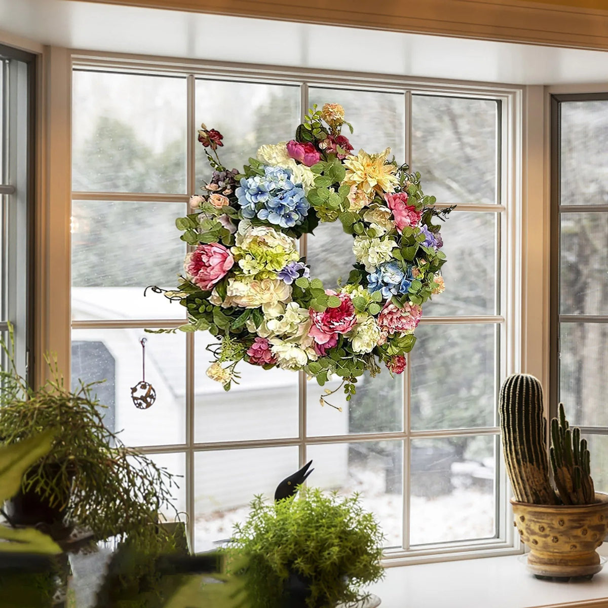 Vibrant Floral Wreath | Rainbow Hydrangea Blooms with Lush Greenery | Perfect for Year-Round Decor