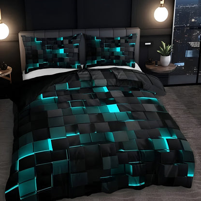 Neon Grid Comforter Cover Set with Pillowcases – 3D Geometric Cyberpunk Bedding for Modern Bedroom Decor – Breathable Microfiber