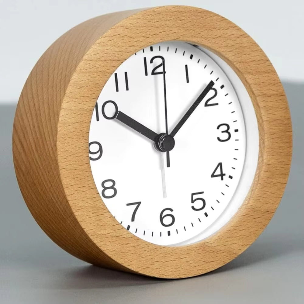 Wooden Alarm Clock with LED Nightlight Silent Non-Ticking Snooze Beechwood Bedside Desk Clock for Bedroom Office Kids