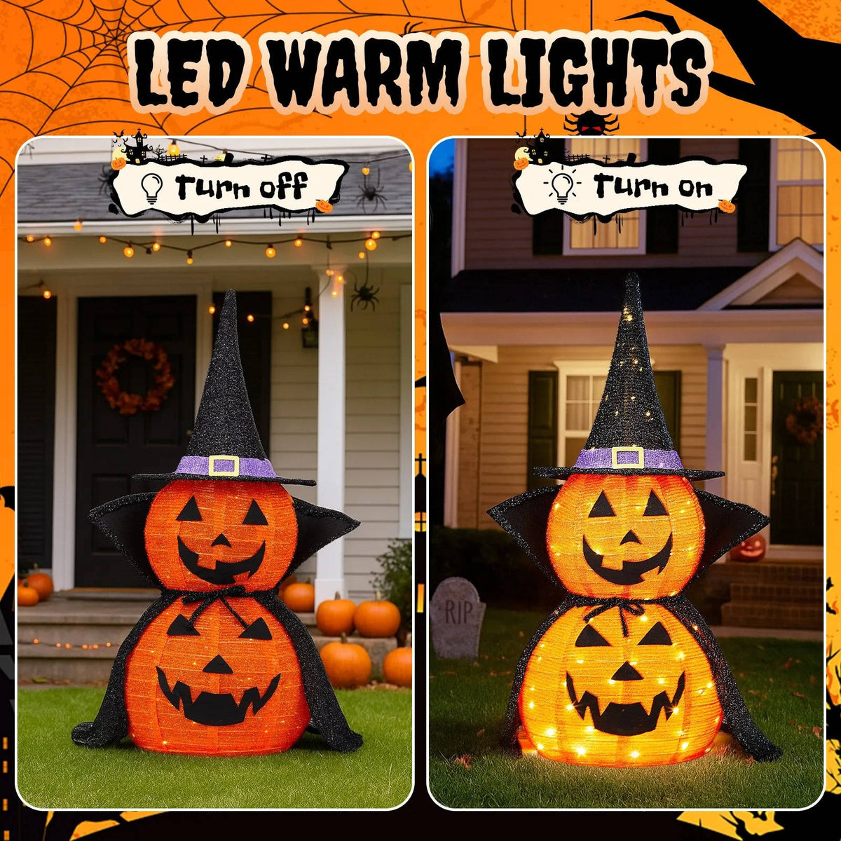 Citrouilles d'Halloween 90 cm, lot de 2, décorations de citrouilles lumineuses avec chapeau et cape, citrouilles géantes pliables pour décoration d'Halloween en extérieur