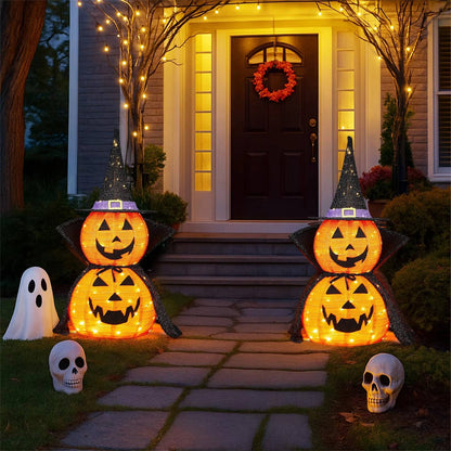 Citrouilles d'Halloween 90 cm, lot de 2, décorations de citrouilles lumineuses avec chapeau et cape, citrouilles géantes pliables pour décoration d'Halloween en extérieur