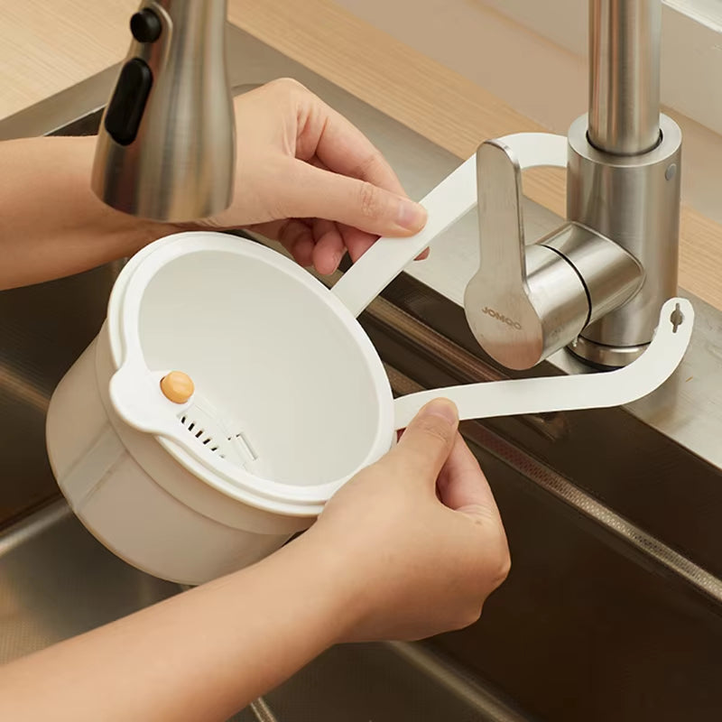 Tap-Mounted Food Scrap Catcher with Push-Button Release 8×5.6×5.1 Inches for Veggie Prep Scraps Fruit Washing Over-Sink Waste Bin