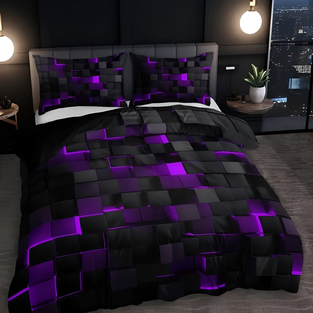 Neon Grid Comforter Cover Set with Pillowcases – 3D Geometric Cyberpunk Bedding for Modern Bedroom Decor – Breathable Microfiber