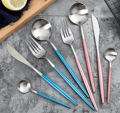Stainless Steel Flatware Set 24-Piece Service for 6 with Colorful Handles for Everyday Dining Modern Table Utensils