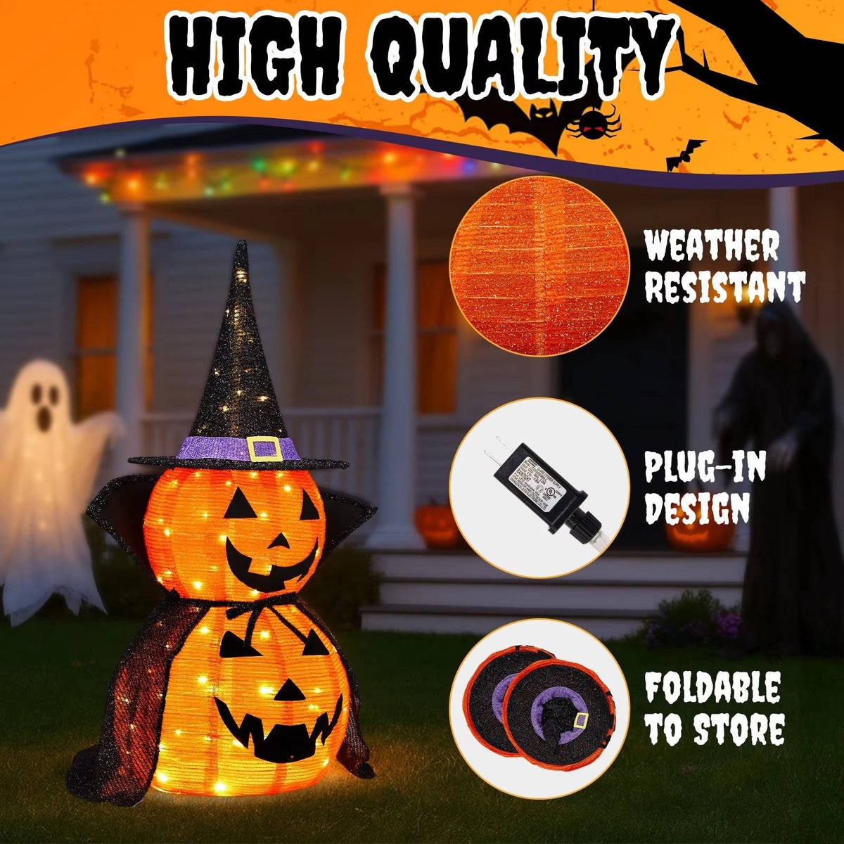 Citrouilles d'Halloween 90 cm, lot de 2, décorations de citrouilles lumineuses avec chapeau et cape, citrouilles géantes pliables pour décoration d'Halloween en extérieur