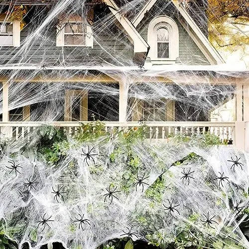 Spider Webs with Spiders 200 sq ft, Giant Spider Web Halloween Door Decoration, Halloween Party Decor with Fake Spiders