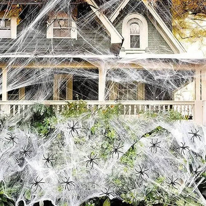 Spider Webs with Spiders 200 sq ft, Giant Spider Web Halloween Door Decoration, Halloween Party Decor with Fake Spiders