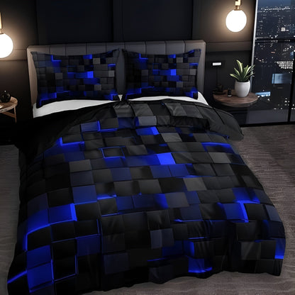 Neon Grid Comforter Cover Set with Pillowcases – 3D Geometric Cyberpunk Bedding for Modern Bedroom Decor – Breathable Microfiber