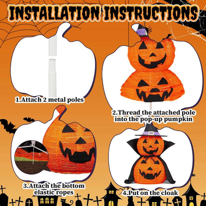 Citrouilles d'Halloween 90 cm, lot de 2, décorations de citrouilles lumineuses avec chapeau et cape, citrouilles géantes pliables pour décoration d'Halloween en extérieur
