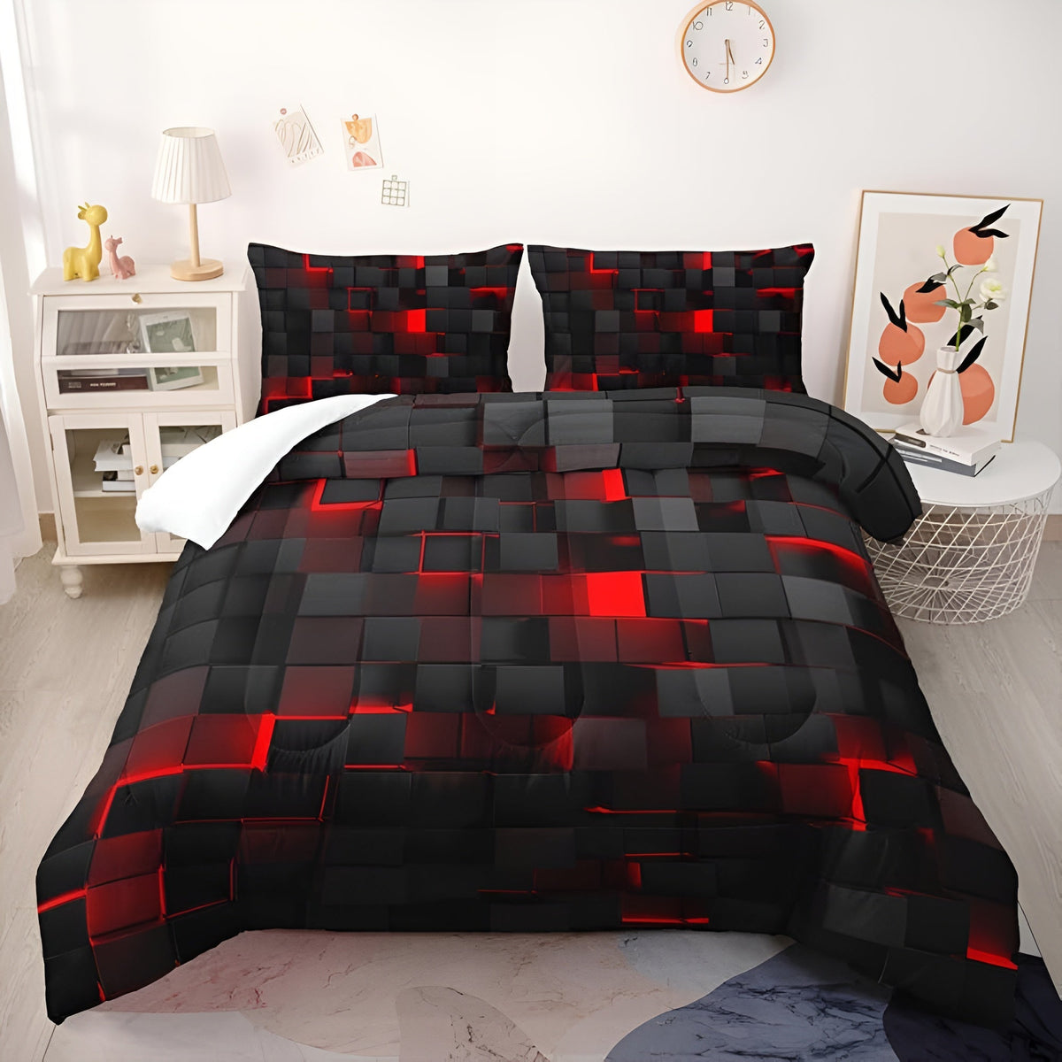 Neon Grid Comforter Cover Set with Pillowcases – 3D Geometric Cyberpunk Bedding for Modern Bedroom Decor – Breathable Microfiber
