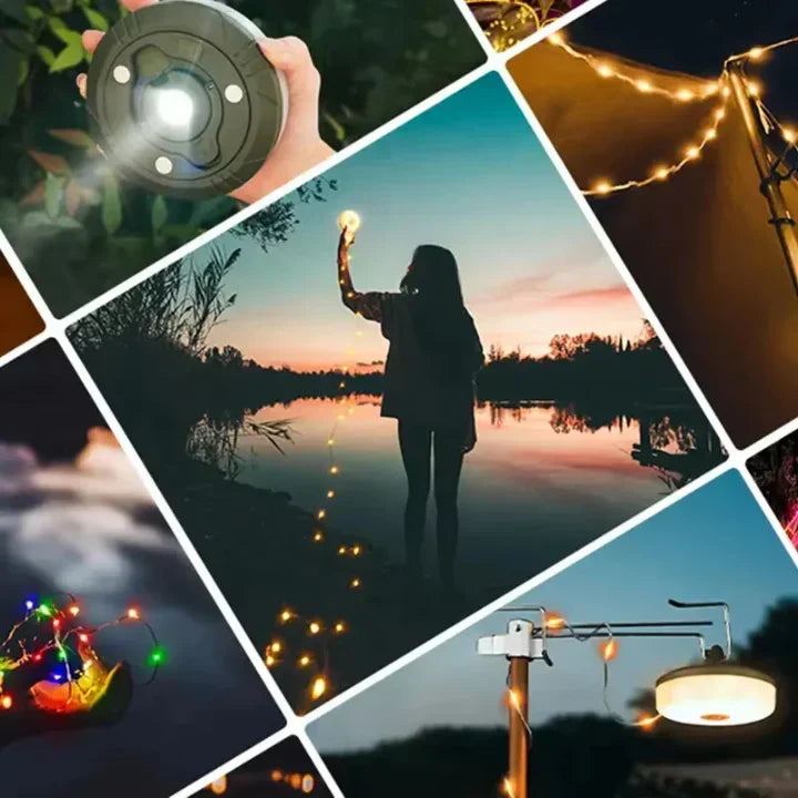 Rechargeable LED Lantern Flashlight with 33-Foot RGB String Lights & Power Bank for Camping Tents Festivals Outdoor Adventures Magnetic Hook