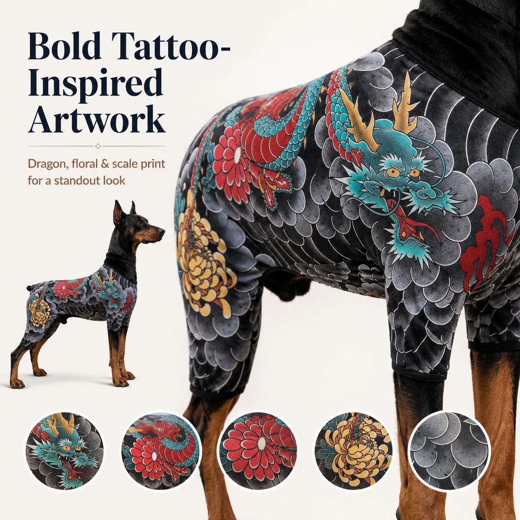 Ortekor Tattoo Print Dog & Cat Bodysuit for Walks & Photos - Soft Stretch Pet Onesie Helps Contain Loose Hair