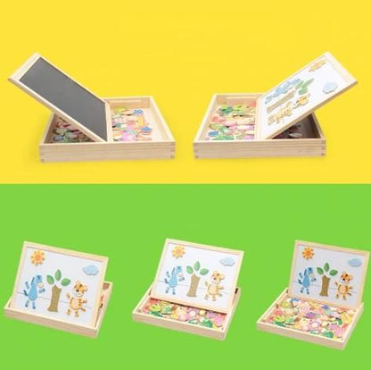 Double-Sided Wooden Drawing & Puzzle Board for Kids – Magnetic Pieces, Dry-Erase & Chalkboard, Travel Storage Case