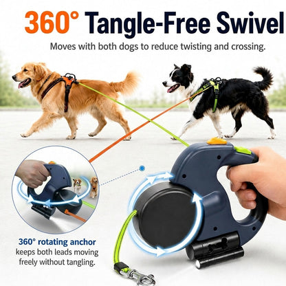 Ortekor Dual Dog Leash – 360° Tangle-Free Retractable with LED Light & Built-In Poop Bag Holder