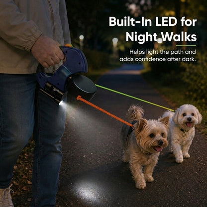 Ortekor Dual Dog Leash – 360° Tangle-Free Retractable with LED Light & Built-In Poop Bag Holder