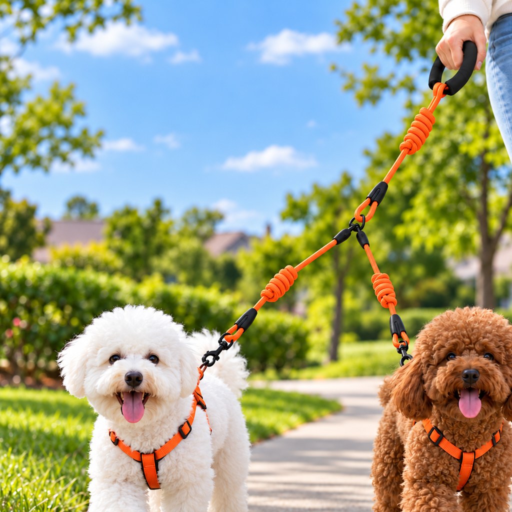 Ortekor Dual Dog Leash with Shock-Absorbing Bungee & Padded Handle for Easier Two-Dog Walks