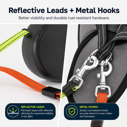 Ortekor Dual Dog Leash – 360° Tangle-Free Retractable with LED Light & Built-In Poop Bag Holder
