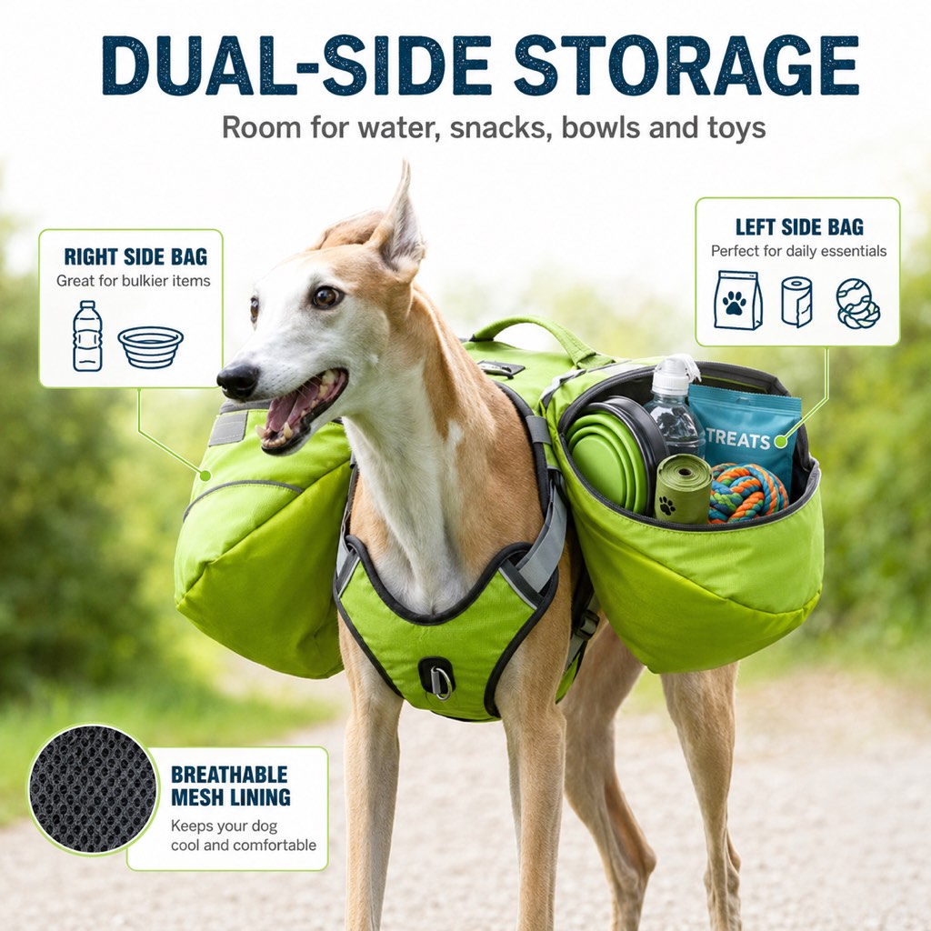 Ortekor Dog Saddlebag Backpack Harness for Hiking & Camping - Hands-Free Storage for Water, Treats & Trail Essentials