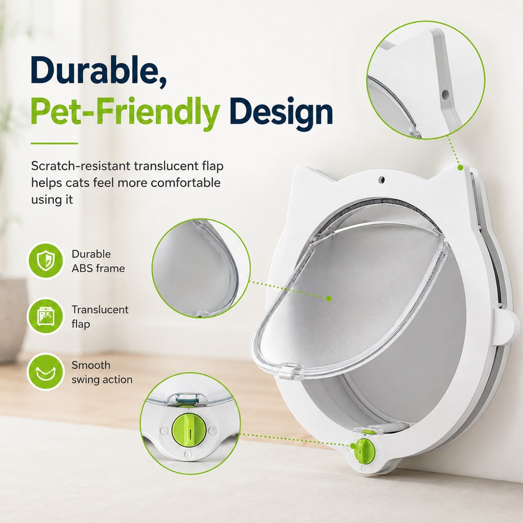 Ortekor 4-Way Locking Interior Cat Door for Litter Box Cabinets & Rooms - Private Access Without Door Scratching