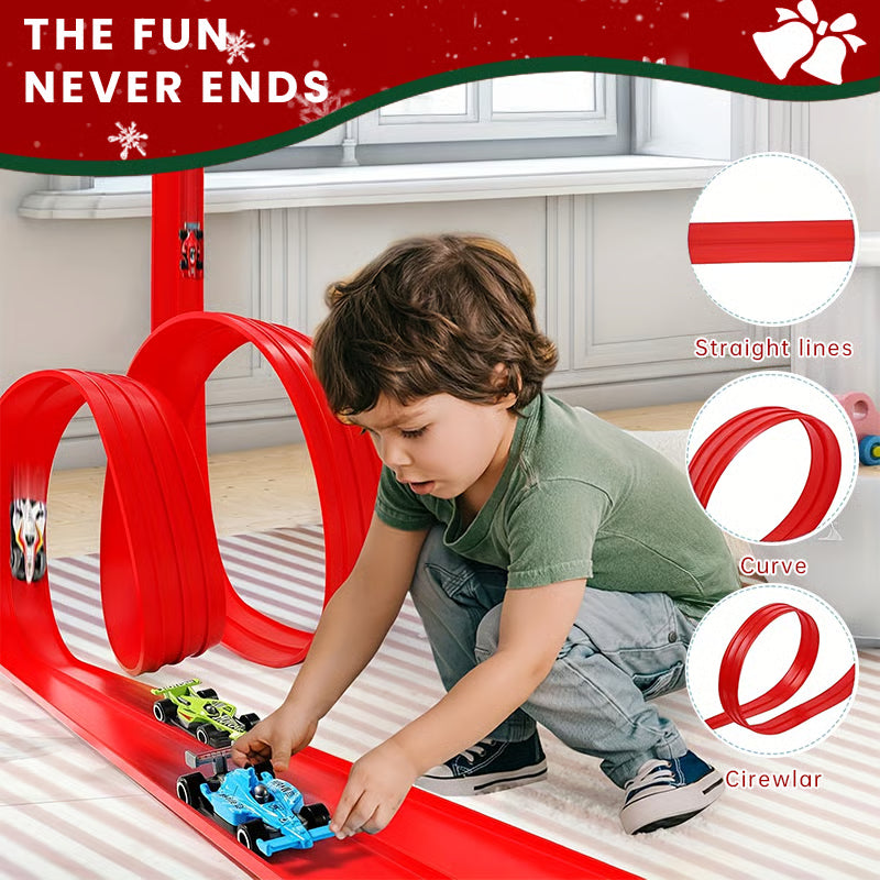 Flexible Race Track Set for Kids – Build Loops, Jumps & Custom Layouts with Suction Cups & 4 Die-Cast Cars for Creative Indoor Racing Fun