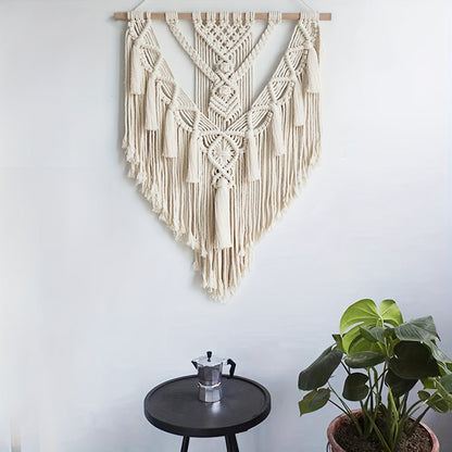 Woven Fiber Wall Art with Geometric Knotwork and Fringe for Living Room & Bedroom Decor