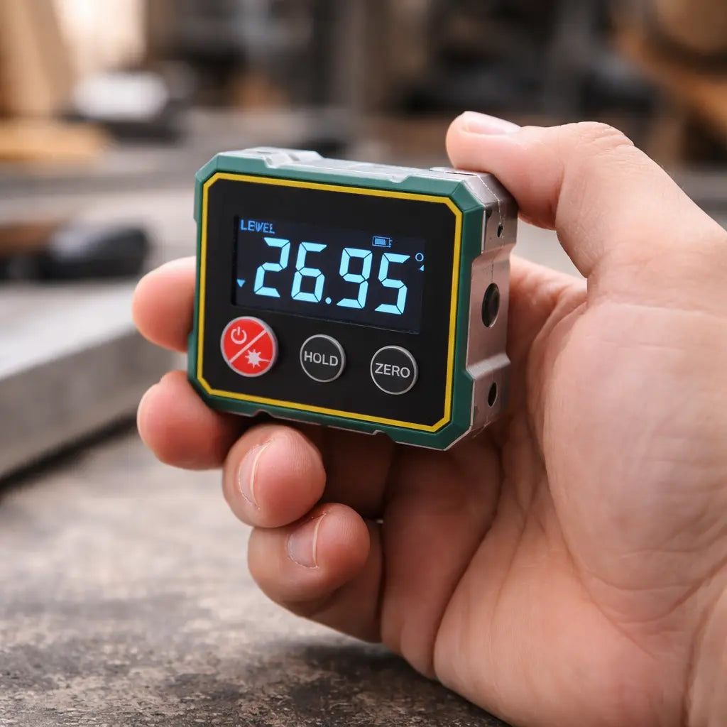 Magnetic Angle Finder with Dual Laser Level for Wall Mounting, Carpentry & DIY Projects – Digital Display, Battery Powered