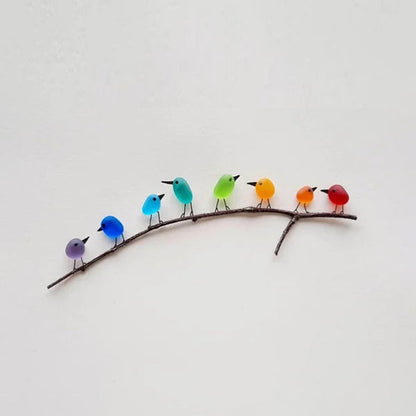 Sea Glass Bird Figurines on Driftwood Branch – Handcrafted Coastal Wall Art with Reclaimed Ocean Glass – 8, 10, or 12 Birds